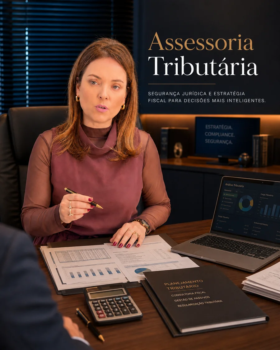 Janaína Gurevich, do escritório Gurevich Advogados Associados, em reunião de assessoria tributária, com dashboards e documentos de planejamento tributário sobre a mesa