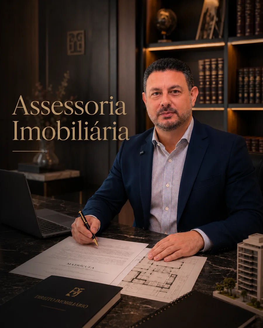 Marco Gurevich, do escritório Gurevich Advogados Associados, assinando a matrícula de um imóvel, com planta e maquete sobre a mesa
